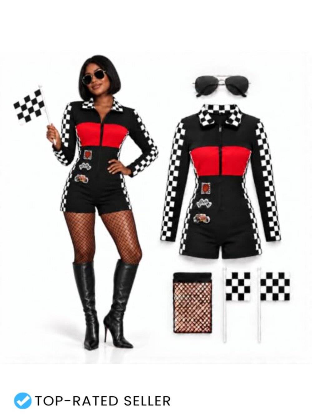 Race Car Driver Costume Jumpsuit Fishnet Tights Checkered Flags Halloween